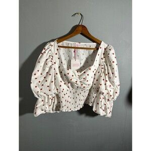 Savida white top, strawberry print, puff sleeve, sweetheart neck NWT